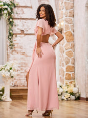Maxi Robe à Col en V et Dos Ouvert avec Mancherons et Fente Rose Poudré