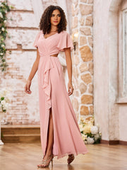 Maxi Robe à Col en V et Dos Ouvert avec Mancherons et Fente Rose Poudré