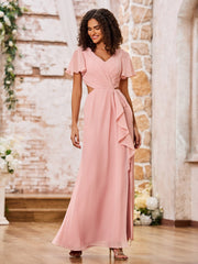Maxi Robe à Col en V et Dos Ouvert avec Mancherons et Fente Rose Poudré