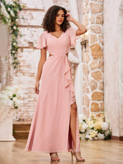 Maxi Robe à Col en V et Dos Ouvert avec Mancherons et Fente Rose Poudré