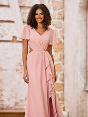 Maxi Robe à Col en V et Dos Ouvert avec Mancherons et Fente Rose Poudré
