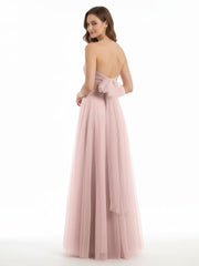 Cœur Sans Bretelles Col Tulle Robes Avec Nœud Rose Poudré