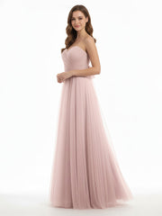 Cœur Sans Bretelles Col Tulle Robes Avec Nœud Rose Poudré