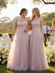 Cœur Sans Bretelles Col Tulle Robes Avec Nœud Rose Poudré