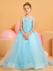 Robe de Fille à A-ligne avec Appliques Florales et Accents de Papillons 3D Bleu Ciel