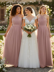 Y-Col Longue Mousseline Robes De Demoiselle d'Honneur Rose Poudré
