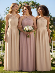 Y-Col Longue Mousseline Robes De Demoiselle d'Honneur Rose Poudré