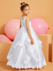 Robe de Fille Ball Gown Élégante avec Ourlet en Dentelle Blanc