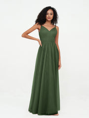 Bretelles Spaghetti Robes Maxi Plissé en Tulle Olive Verte Grande Taille