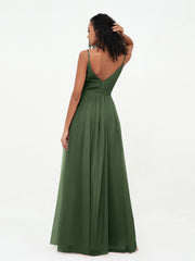 Bretelles Spaghetti Robes Maxi Plissé en Tulle Olive Verte