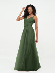 Bretelles Spaghetti Robes Maxi Plissé en Tulle Olive Verte