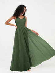 Bretelles Spaghetti Robes Maxi Plissé en Tulle Olive Verte