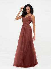 Bretelles Spaghetti Robes Maxi Plissé en Tulle terracotta