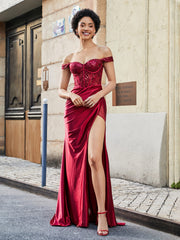 Robe de Soirée en Satin Extensible à Hors de l'Épaule avec Traîne Balayage Bordeaux