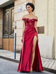 Robe de Soirée en Satin Extensible à Hors de l'Épaule avec Traîne Balayage Bordeaux