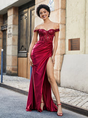 Robe de Soirée en Satin Extensible à Hors de l'Épaule avec Traîne Balayage Bordeaux
