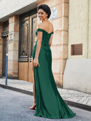 Robe de Soirée en Satin Extensible à Hors de l'Épaule avec Traîne Balayage Vert Foncé