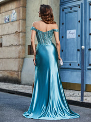 Robe de Soirée en Satin Extensible à Hors de l'Épaule avec Traîne Balayage Teal