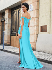 Robe de Soirée en Satin Extensible à Hors de l'Épaule avec Traîne Balayage Jade