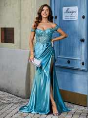 Robe de Soirée en Satin Extensible à Hors de l'Épaule avec Traîne Balayage Teal Grande Taille
