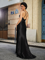 Robe de Soirée Sirène en Polyester à Bretelles Spaghetti Noir Grande Taille