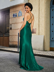 Robe de Soirée Sirène en Polyester à Bretelles Spaghetti Vert Foncé Grande Taille