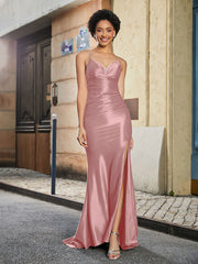 Robe de Soirée Sirène en Polyester à Bretelles Spaghetti Rose Poudré