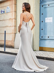 Robe de Soirée Sirène en Polyester à Bretelles Spaghetti Argent
