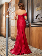 Robe de Soirée Sirène en Satin Extensible à Hors de l'Épaule Bordeaux Grande Taille