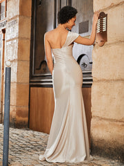 Robe de Soirée Sirène en Satin Extensible à Hors de l'Épaule Champagne