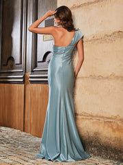 Robe de Soirée Sirène en Satin Extensible à Hors de l'Épaule Gris Acier Grande Taille