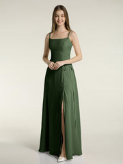 Simple Spaghetti Bretelle Mousseline Robes Avec Fente Olive Verte Grande Taille