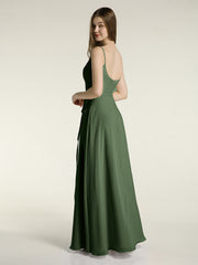 Simple Spaghetti Bretelle Mousseline Robes Avec Fente Olive Verte Grande Taille