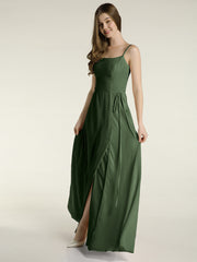 Simple Spaghetti Bretelle Mousseline Robes Avec Fente Olive Verte Grande Taille