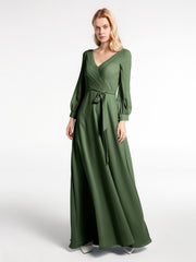 Robe en Mousseline à Col en V Et Manches Évasées avec Nœud Olive Verte