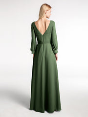 Robe en Mousseline à Col en V Et Manches Évasées avec Nœud Olive Verte Grande Taille