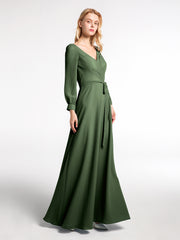Robe en Mousseline à Col en V Et Manches Évasées avec Nœud Olive Verte Grande Taille