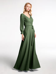 Robe en Mousseline à Col en V Et Manches Évasées avec Nœud Olive Verte