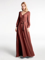 Robe en Mousseline à Col en V Et Manches Évasées avec Nœud terracotta