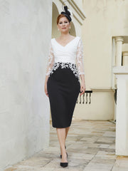 Robe Fourreau à Col en V Appliquée avec Manches Longues Noir