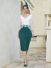 Robe Fourreau à Col en V Appliquée avec Manches Longues Paon Grande Taille