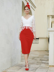 Robe Fourreau à Col en V Appliquée avec Manches Longues Rouge