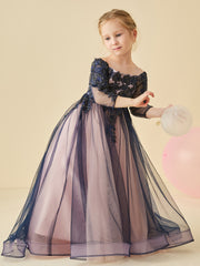 Robe de Demoiselle d'Honneur en Tulle Perles avec Manches 3/4