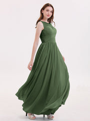 Robes Longues Mousseline avec Col d'Illusionline Olive Verte Grande Taille