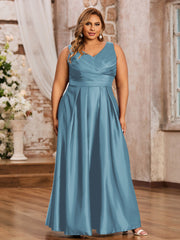 Dos Nu Longue Satin Robe avec Col en V Bleu de Schiste Grande Taille