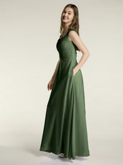 Dentelle Bretelles Col En V Mousseline Robes Avec Poches Olive Verte Grande Taille