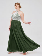 Licou Maxi Robe avec Ivoire Dentelle Bustier Olive Verte Grande Taille
