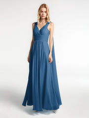 Robe en Mousseline à Col en V avec Bandes à Bretelles Arrière Bleu Encre