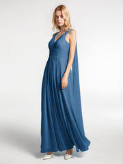 Robe en Mousseline à Col en V avec Bandes à Bretelles Arrière Bleu Encre