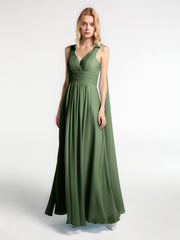 Robe en Mousseline à Col en V avec Bandes à Bretelles Arrière Olive Verte Grande Taille